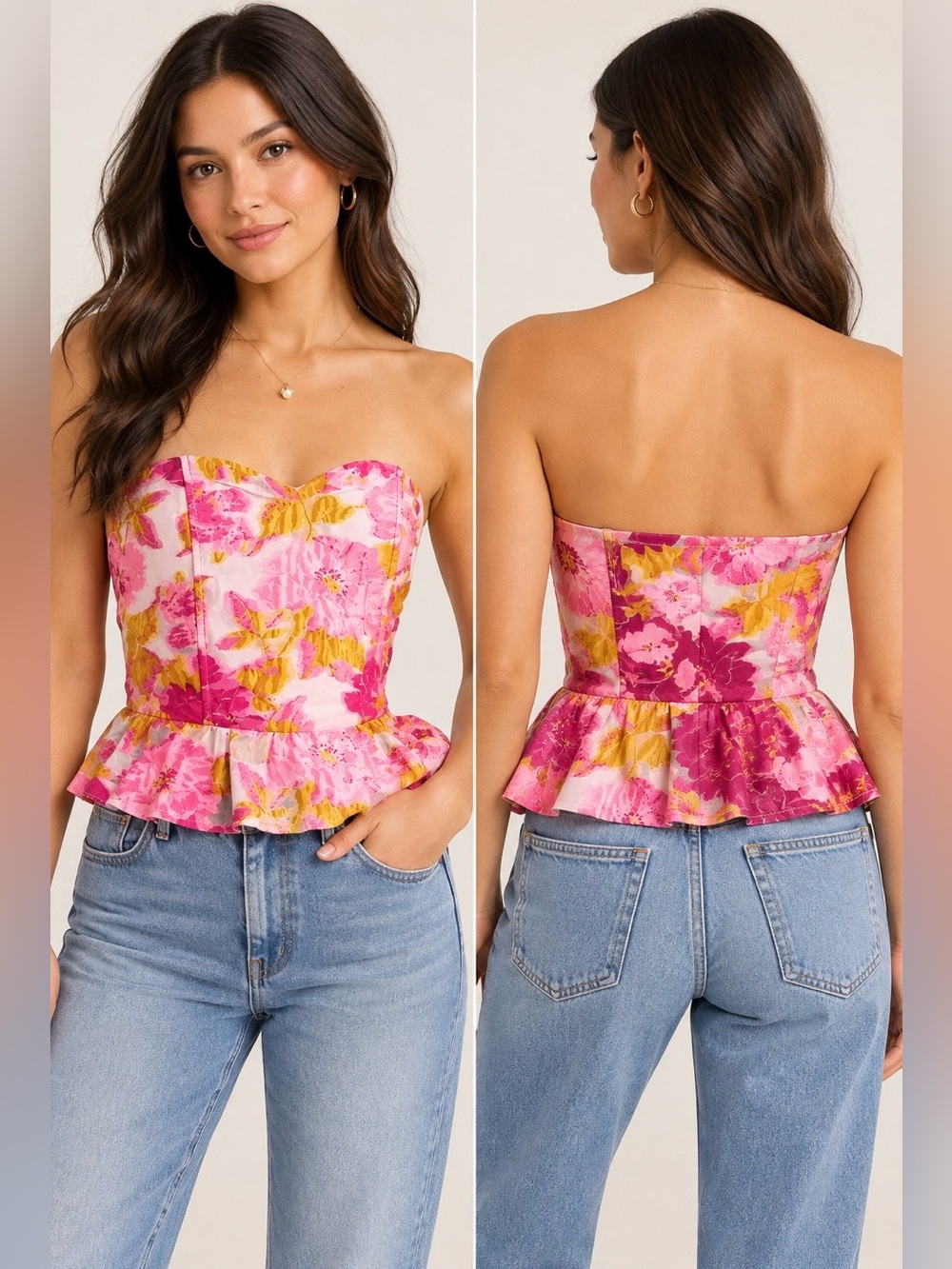 NWT Altar’d State Colorful Strapless Pink Floral Corset Bustier Peplum Top. Sz M - Picture 1 of 3